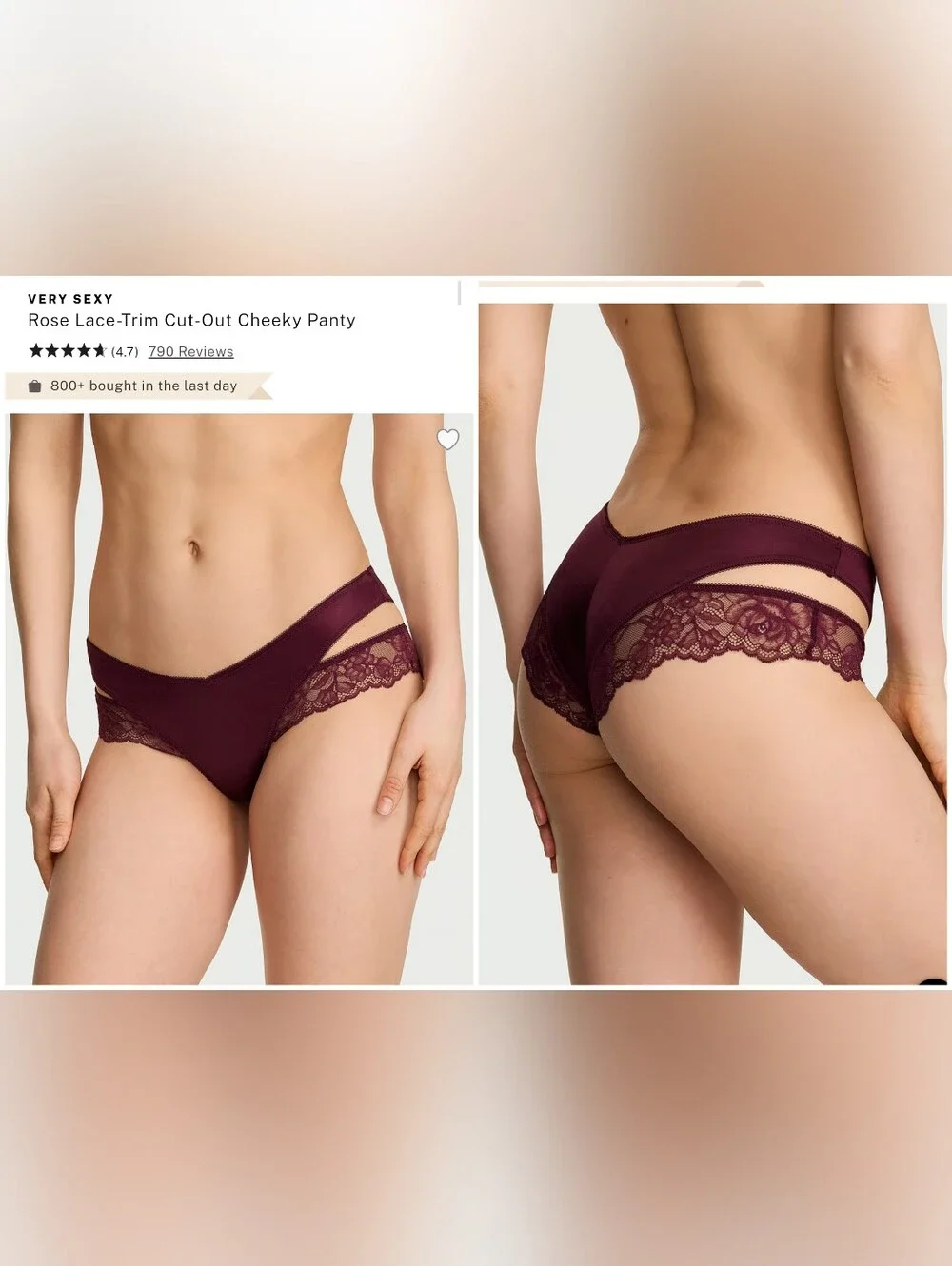 Victoria's Secret Very Sexy Rose Lace-Trim Cut-Out Cheeky Panty MAROON LARGE